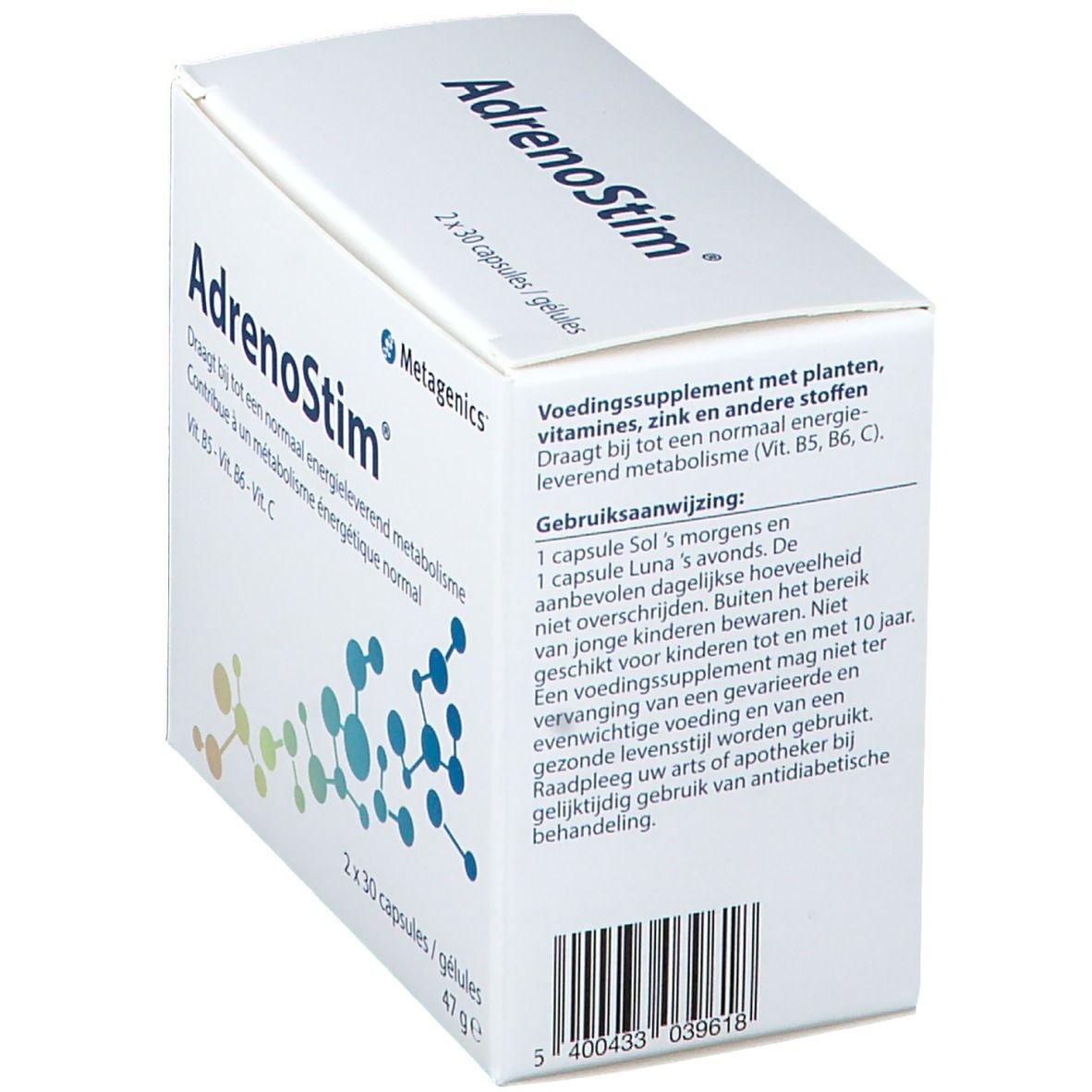 Boîte AdrenoStim blanche en biais. Contient 2x30 gélules. Logo Metagenics. Texte en néerlandais.