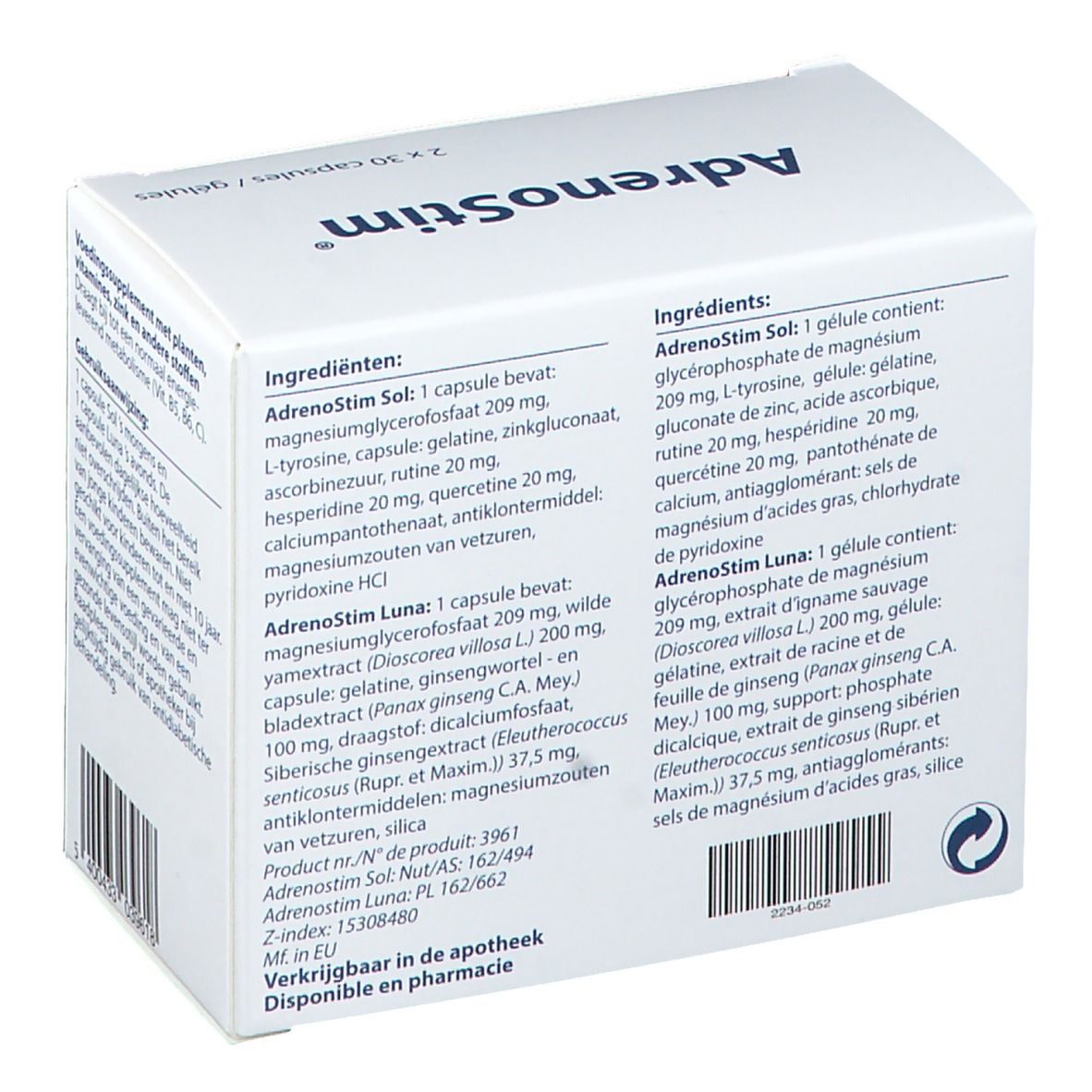 Boîte AdrenoStim blanche avec liste d'ingrédients. Contient 2x30 gélules. Texte en néerlandais.