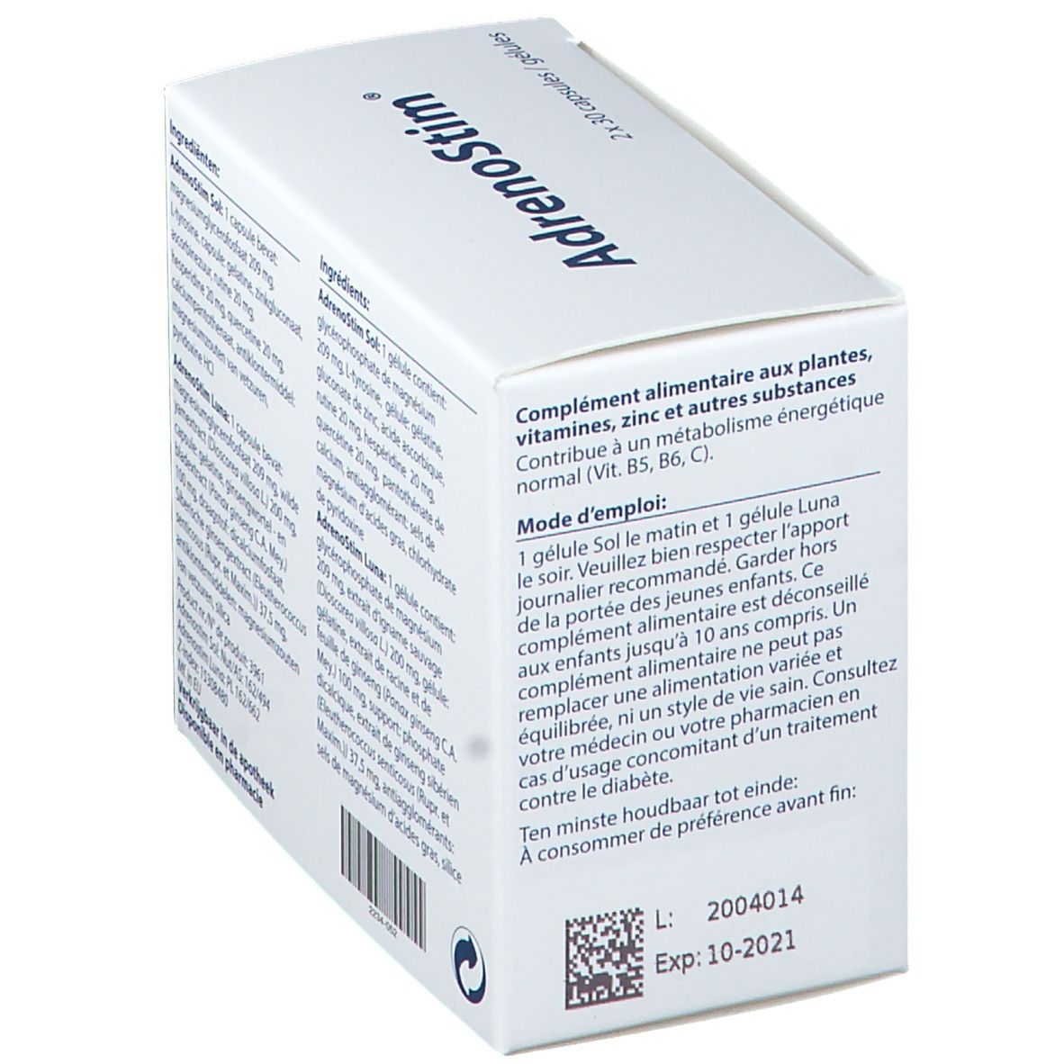 Boîte AdrenoStim blanche en biais. Contient 2x30 gélules. Texte en français.