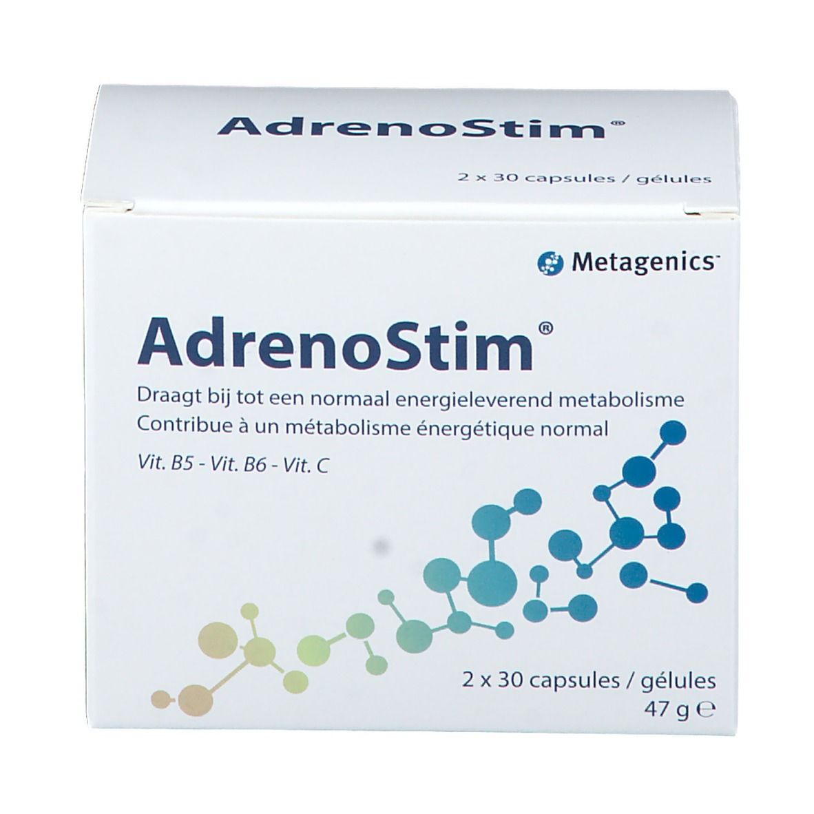 Boîte blanche AdrenoStim. Contient 2x30 gélules. Logo Metagenics. Vitamines B5, B6, C. 47g.