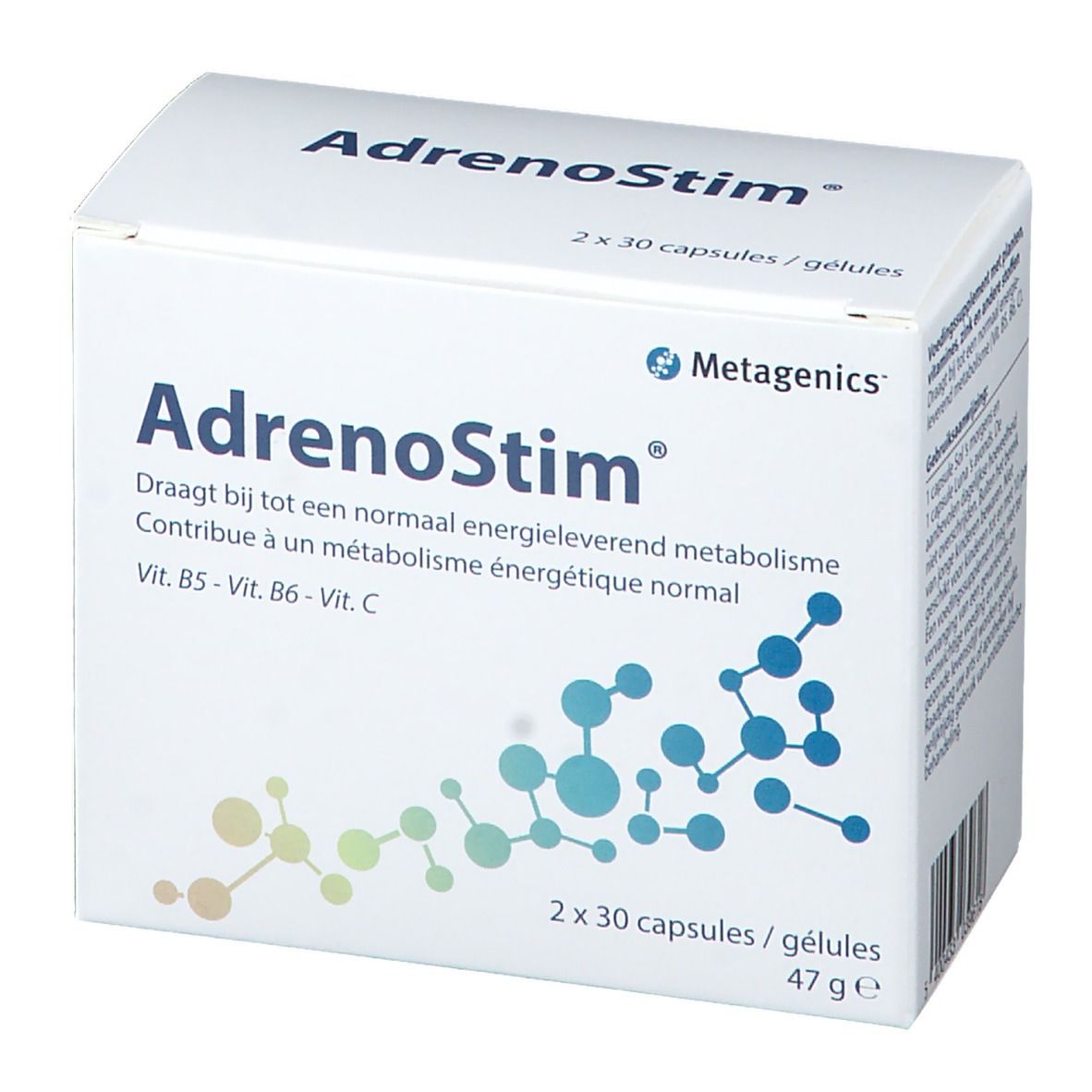 Boîte blanche AdrenoStim. Contient 2x30 gélules. Logo Metagenics. Vitamines B5, B6, C. 47g.