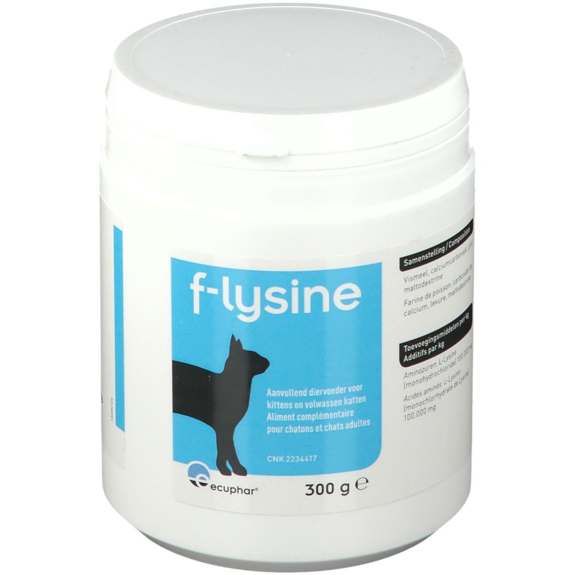 Pot blanc avec étiquette bleue. Inscription: f-lysine, chat, 300 g. Marque: Ecuphar. Aliment complémentaire pour chats.