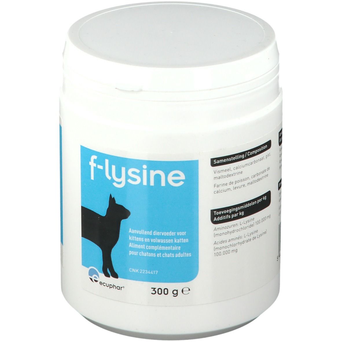 Pot blanc avec étiquette bleue. Inscription: f-lysine, chat, 300 g. Marque: Ecuphar. Aliment complémentaire pour chats.