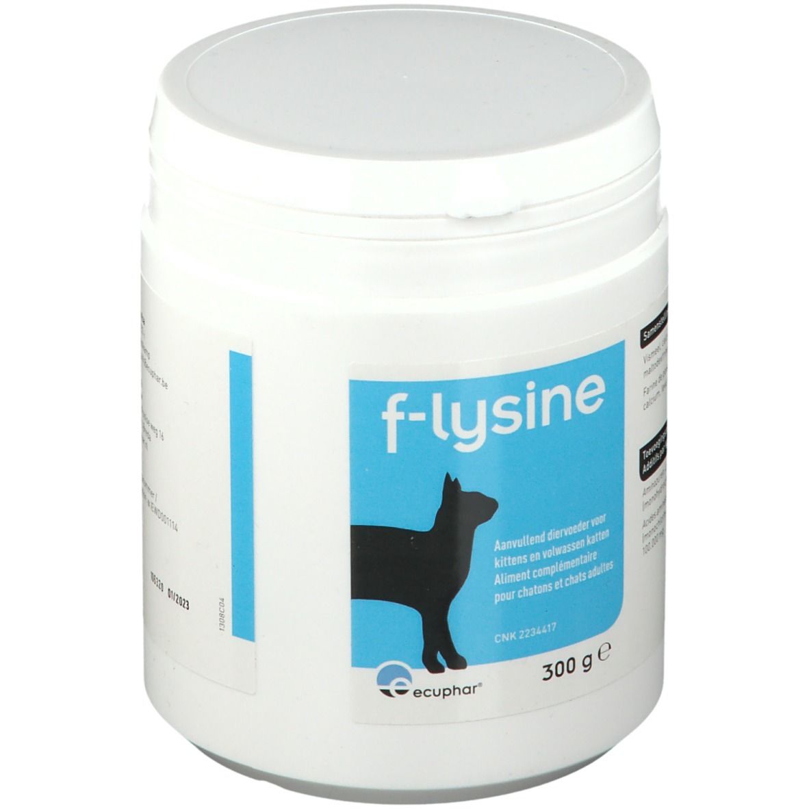 Pot blanc avec étiquette bleue. Inscription: f-lysine, chat, 300 g. Marque: Ecuphar. Aliment complémentaire pour chats.