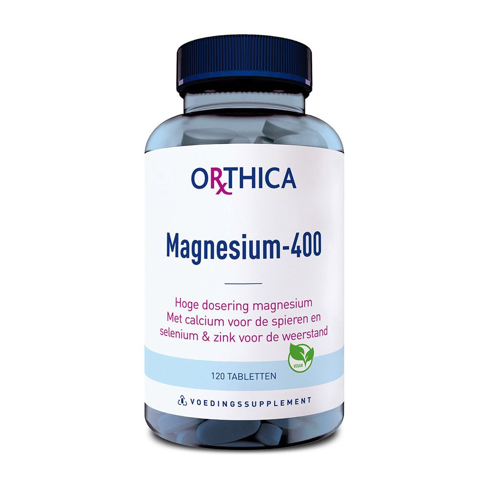 Flacon de Orthica Magnesium-400. Contient 120 comprimés. Inscription: Magnesium-400. Bouchon bleu.