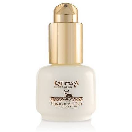 Witte flacon met gouden pomp. Opschrift: Katima'a, Contour des Yeux, Eye Contour.