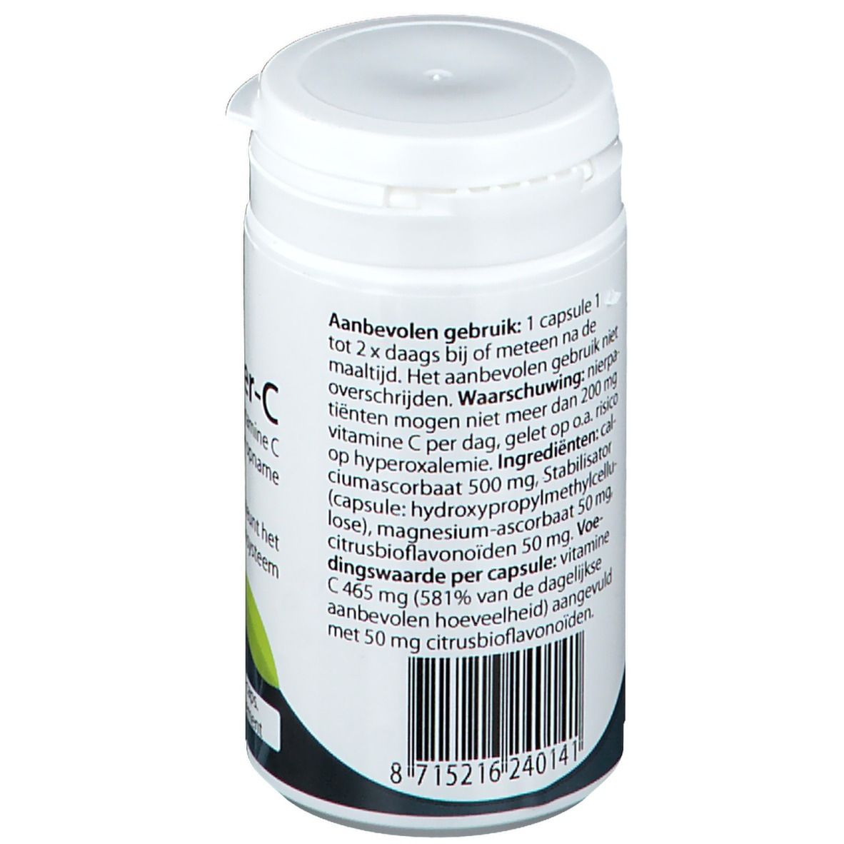 Rückseite der weißen Flasche. Text: Gebrauchsanweisung, Inhaltsstoffe, Warnhinweise, Chargennummer, EAN-Code.