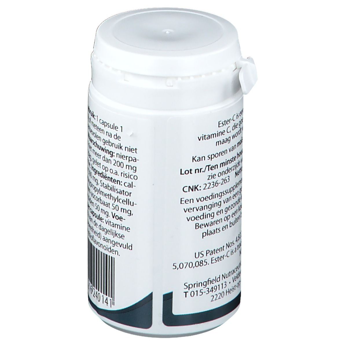 Rückseite der weißen Flasche. Text: Ester-C, Chargennummer, US Patent, Herstelleradresse.