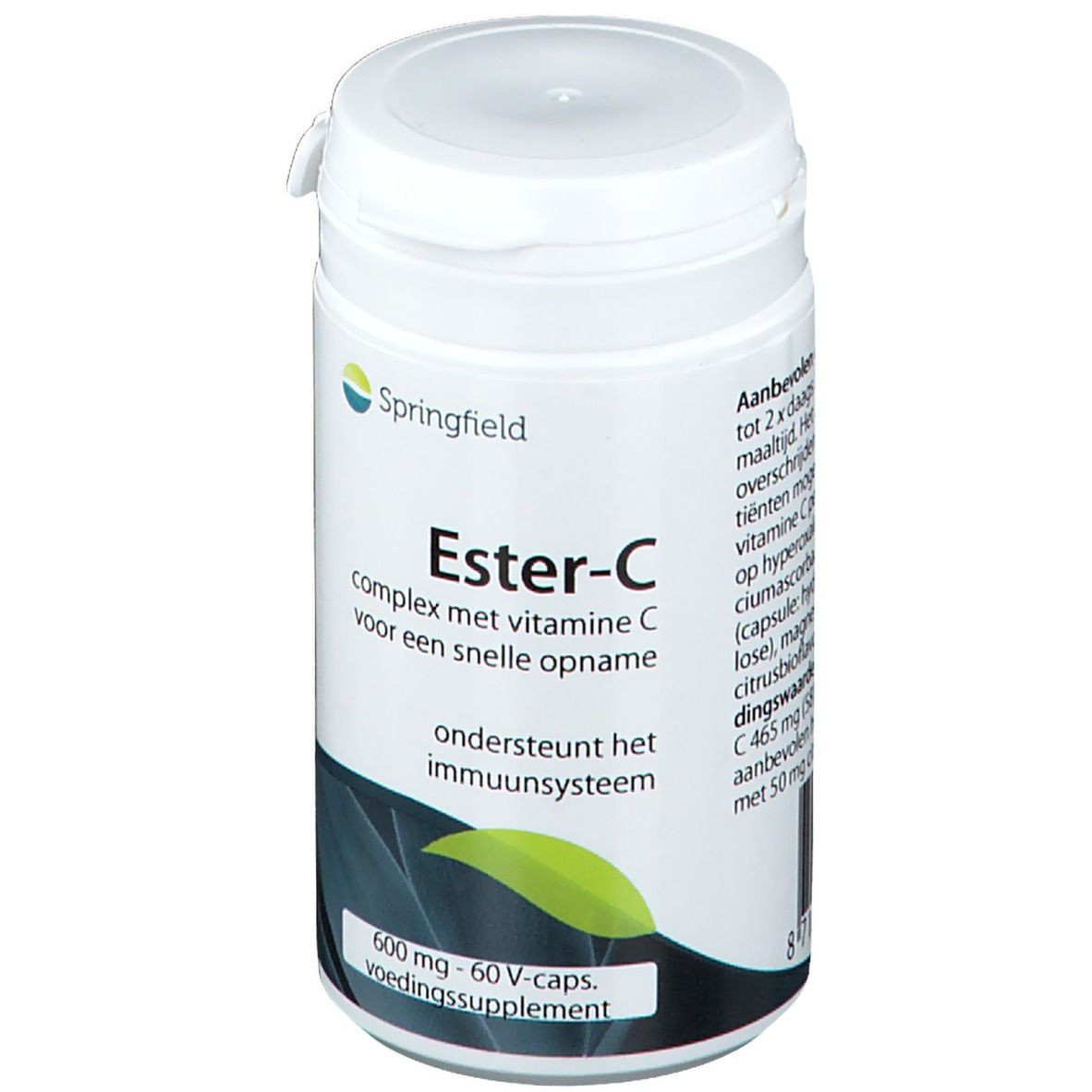 Weiße Flasche mit Springfield Ester-C. Aufschrift: Ester-C, 600 mg - 60 V-caps. Unterstützt das Immunsystem.