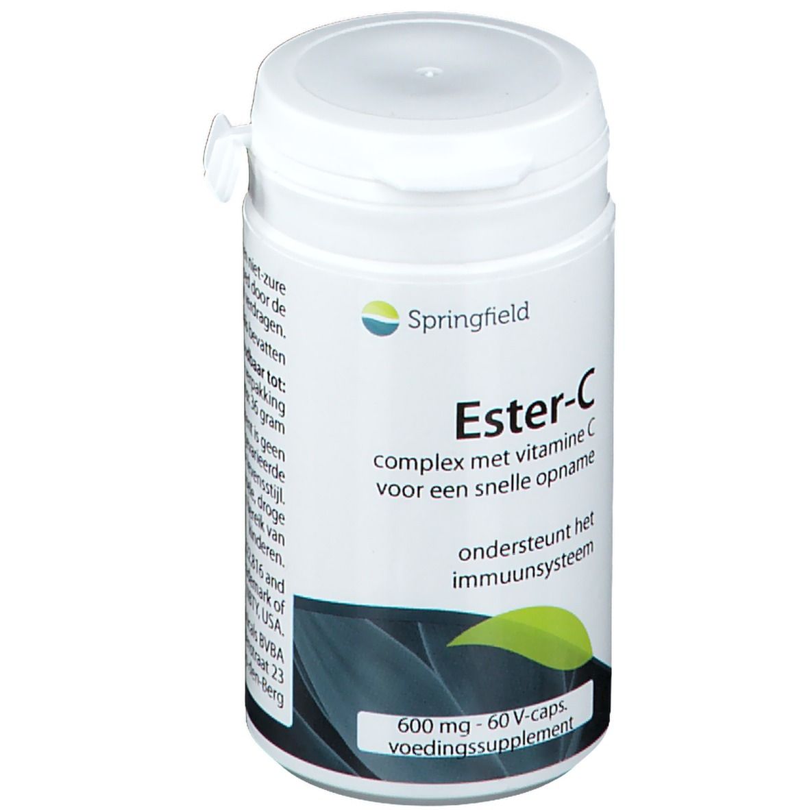 Weiße Flasche mit Springfield Ester-C. Aufschrift: Ester-C, 600 mg - 60 V-caps. Unterstützt das Immunsystem.