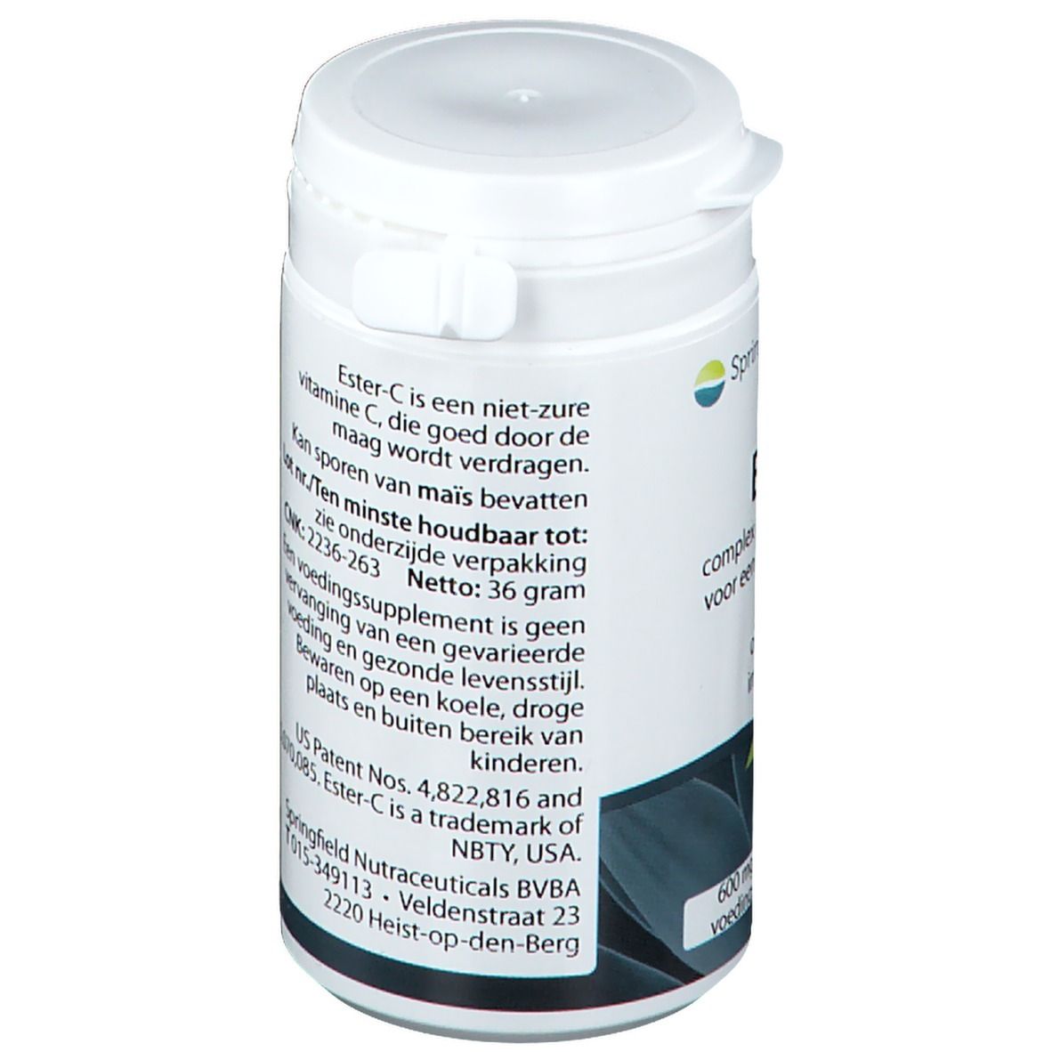 Rückseite der weißen Flasche. Text: Ester-C, Mindesthaltbarkeit, Nettogewicht, Herstelleradresse.