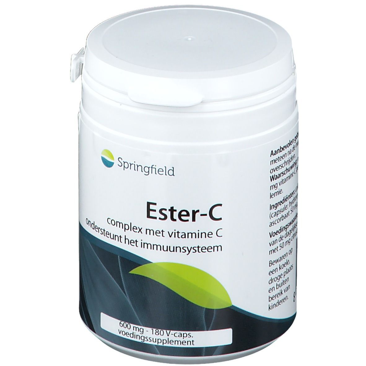 Boîte blanche Springfield Ester-C. Inscription: complex met vitamine C, ondersteunt het immuunsysteem. Étiquette verte et blanche.