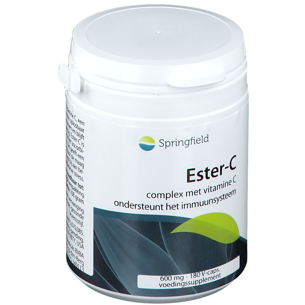 Boîte blanche Springfield Ester-C. Inscription: complex met vitamine C, ondersteunt het immuunsysteem. Étiquette verte et blanche.