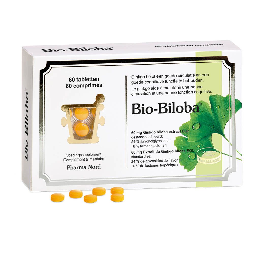 Boîte Bio-Biloba avec comprimés. 60 comprimés. Extrait de Ginkgo biloba. Logo Pharma Nord.
