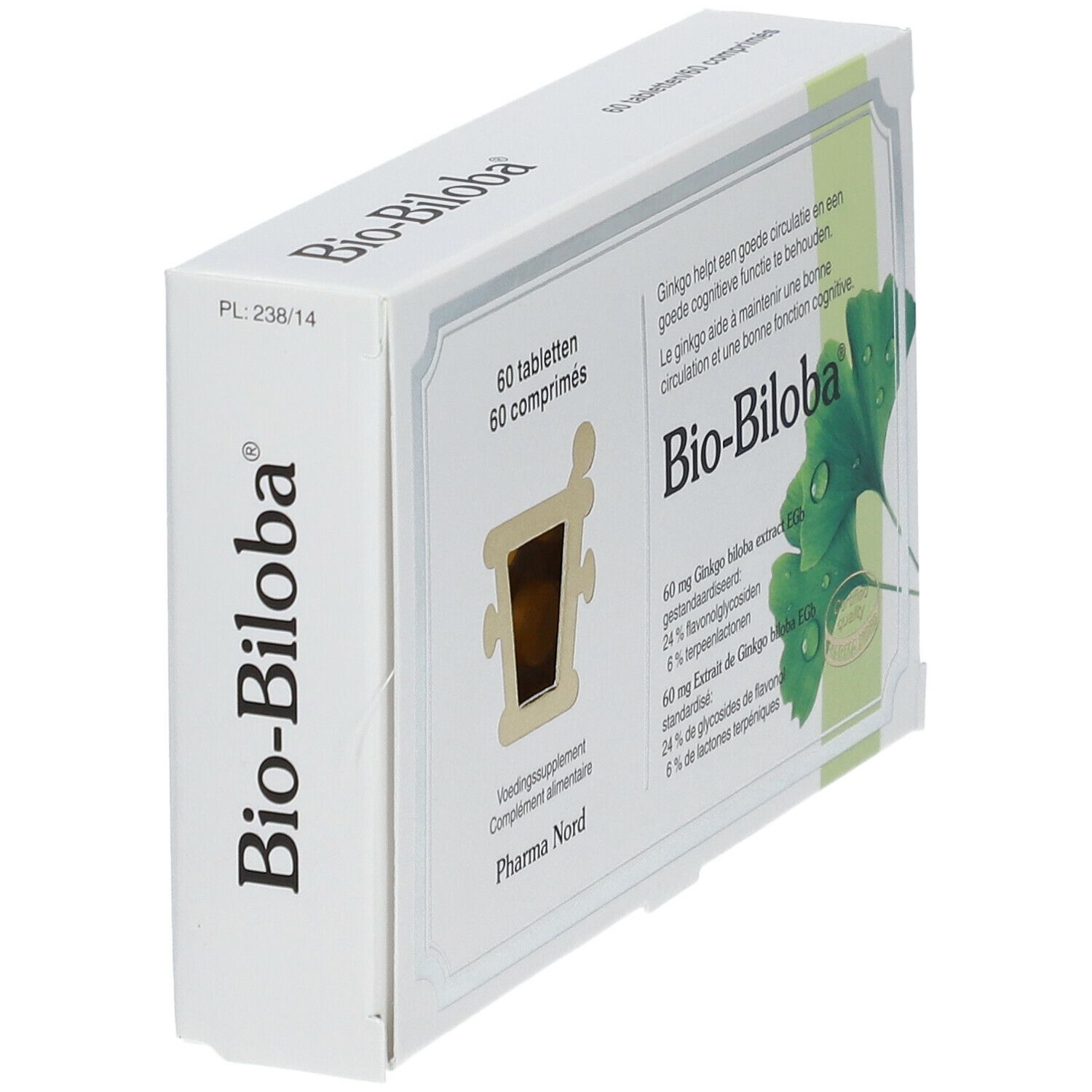 Boîte de Bio-Biloba en biais. 60 comprimés. Extrait de Ginkgo biloba. Logo Pharma Nord.