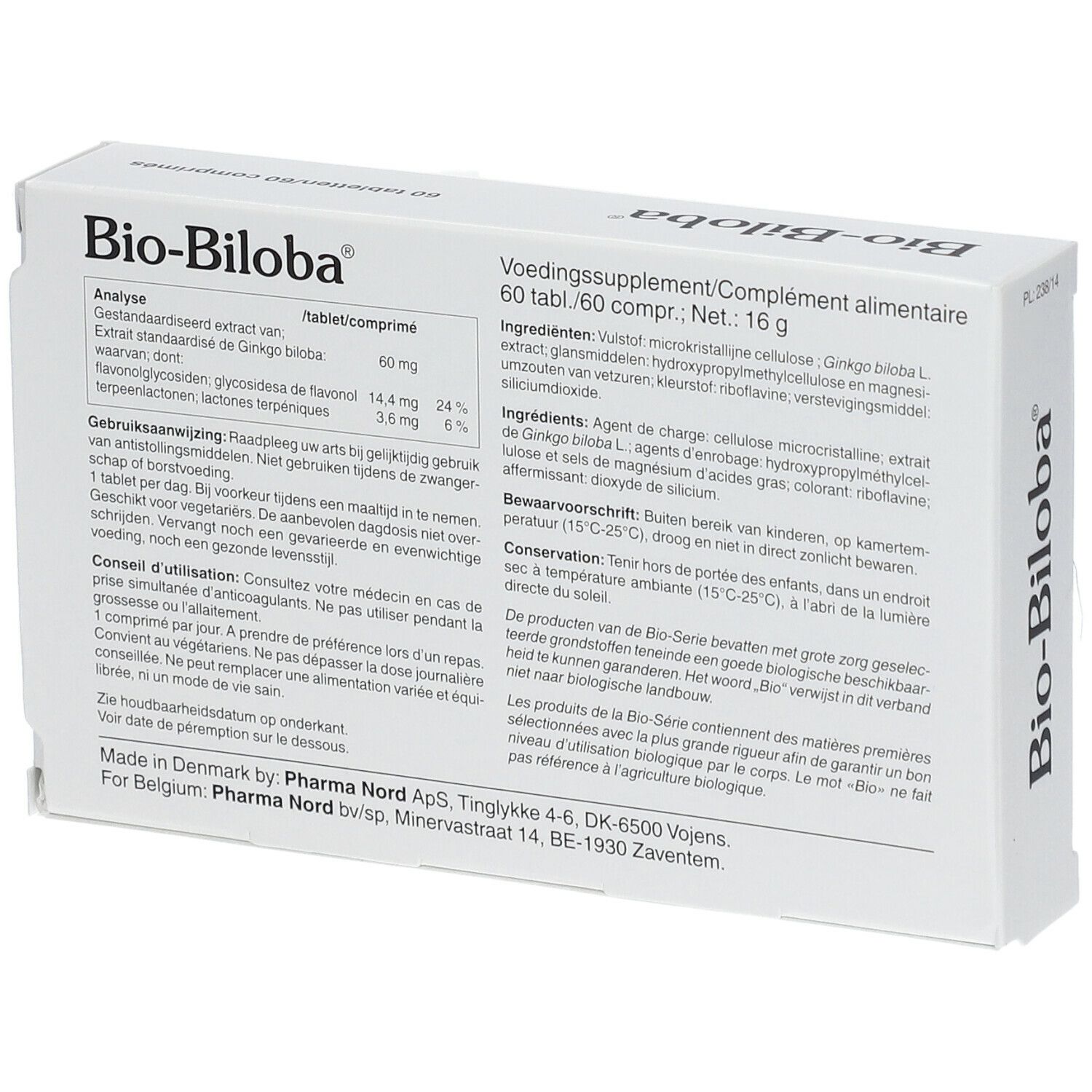 Dos de la boîte Bio-Biloba. Informations sur les ingrédients et l'utilisation.