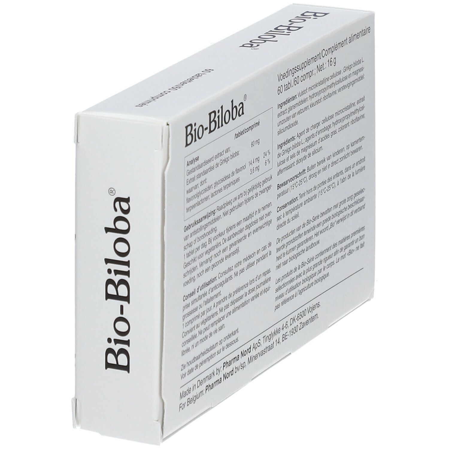 Dos de la boîte Bio-Biloba. Informations sur les ingrédients et l'utilisation.