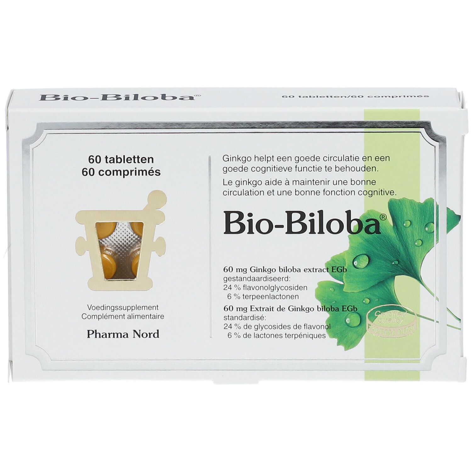 Boîte de Bio-Biloba avec 60 comprimés. Contient de l'extrait de Ginkgo biloba. Logo Pharma Nord.