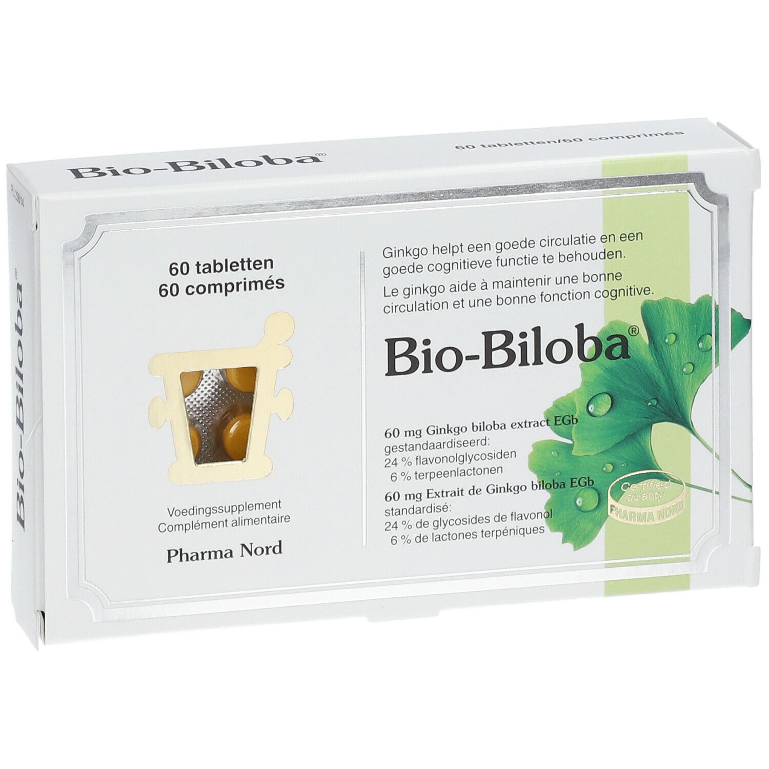 Boîte de Bio-Biloba avec 60 comprimés. Contient de l'extrait de Ginkgo biloba. Logo Pharma Nord.