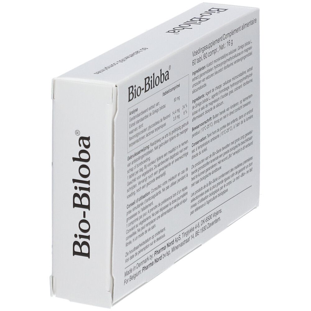 Dos de la boîte Bio-Biloba. Informations sur les ingrédients et l'utilisation.