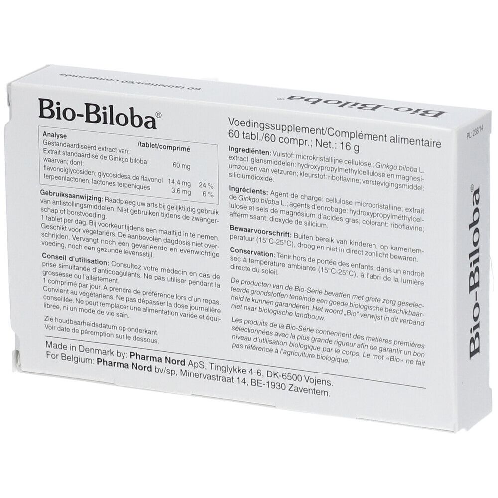 Dos de la boîte Bio-Biloba. Informations sur les ingrédients et l'utilisation.