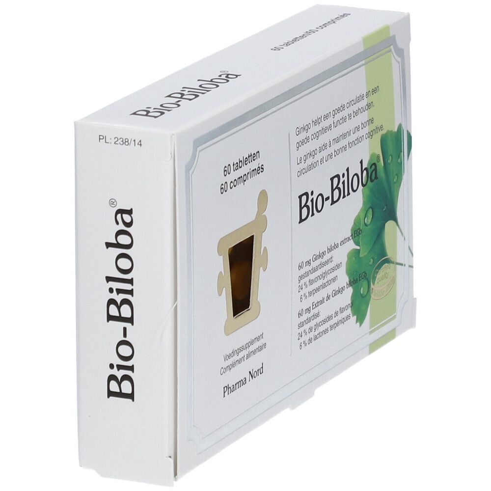 Boîte de Bio-Biloba en biais. 60 comprimés. Extrait de Ginkgo biloba. Logo Pharma Nord.