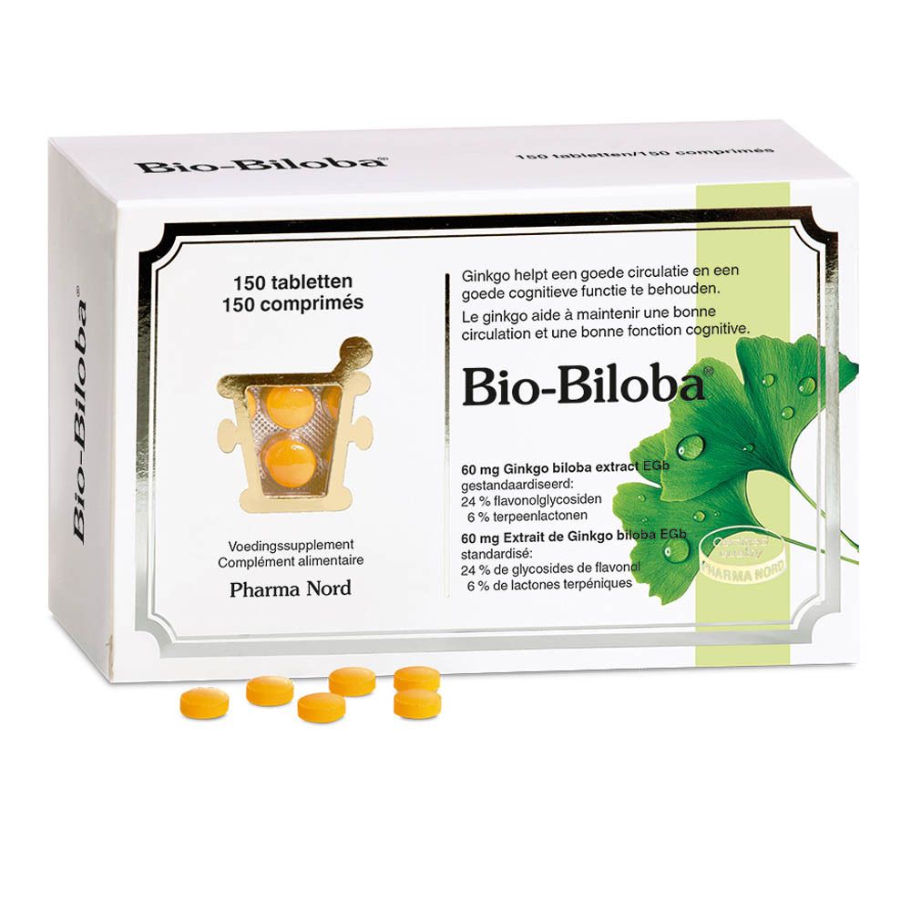 Boîte de Bio-Biloba. 150 comprimés. Comprimés à côté. Logo Pharma Nord.