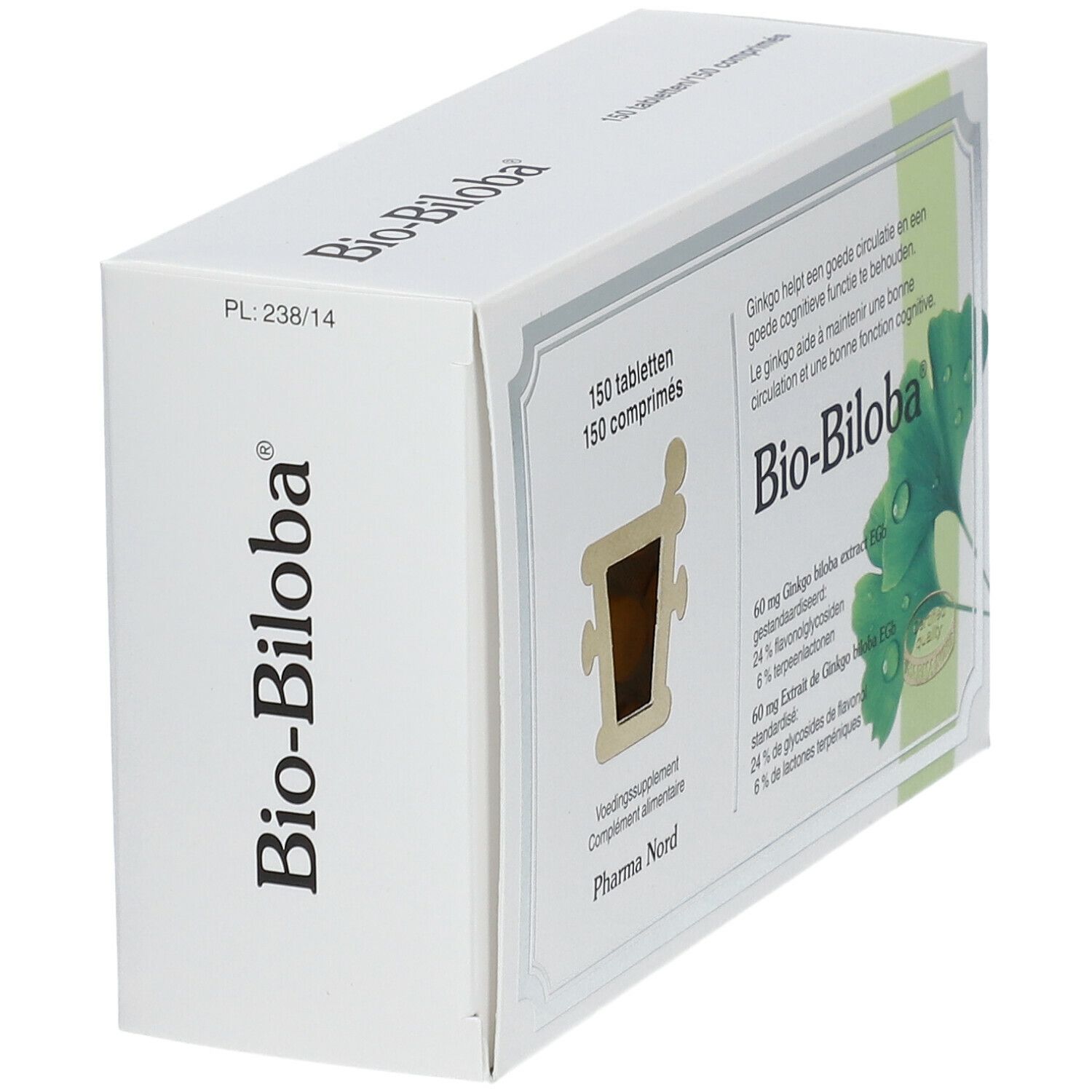 Boîte Bio-Biloba, vue latérale. Texte: Bio-Biloba. Logo Pharma Nord non visible.