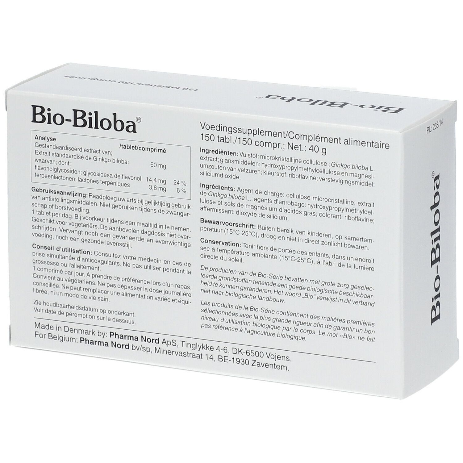 Boîte Bio-Biloba, dos avec texte. Ingrédients, mode d'emploi. Pharma Nord.