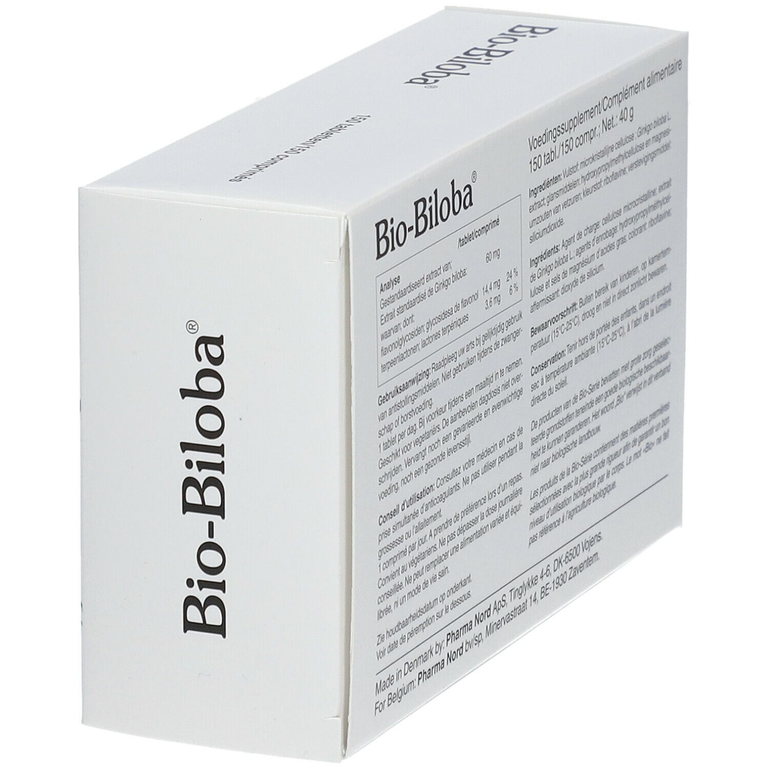 Boîte Bio-Biloba, vue latérale avec texte. Ingrédients, mode d'emploi. Pharma Nord.