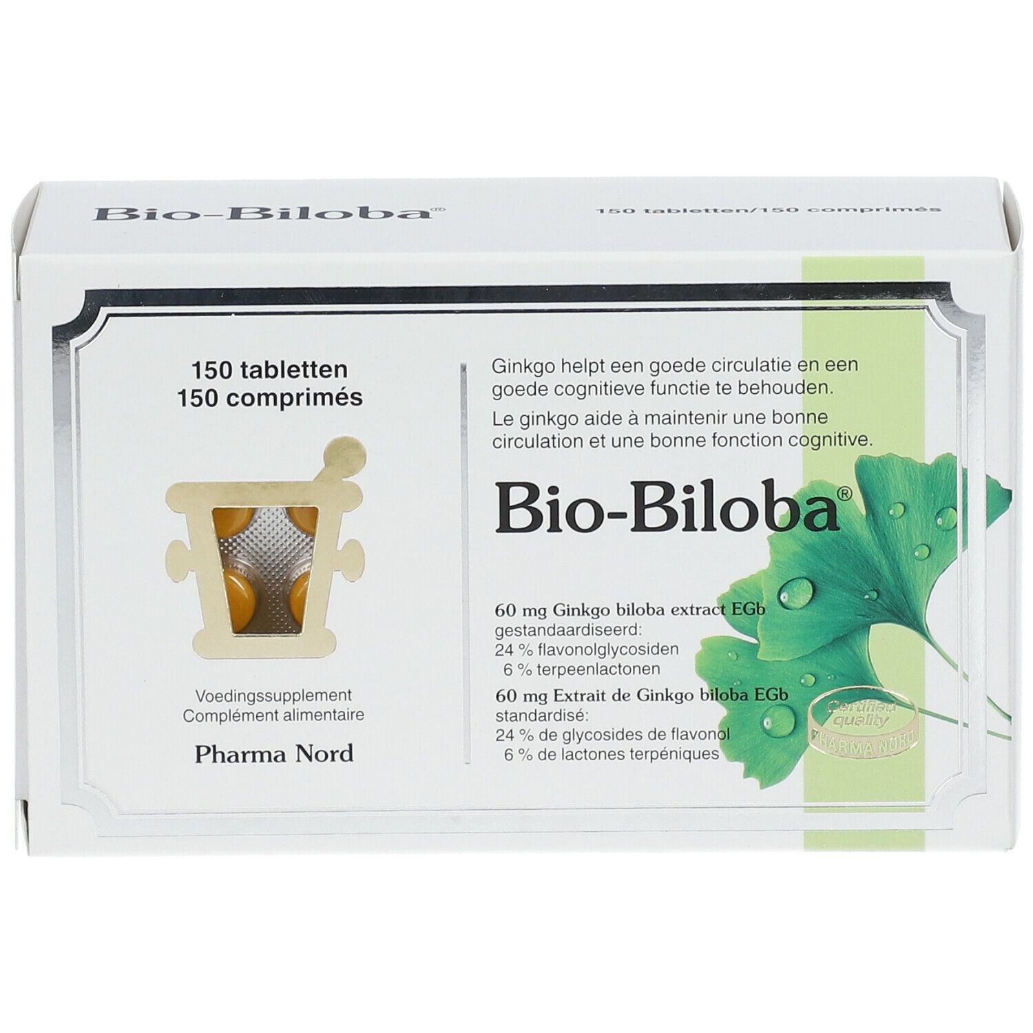 Boîte de Bio-Biloba. 150 comprimés. Fenêtre avec comprimés visibles. Logo Pharma Nord.