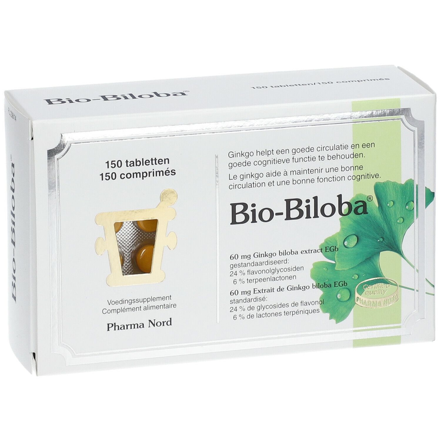 Boîte de Bio-Biloba. 150 comprimés. Fenêtre avec comprimés visibles. Logo Pharma Nord.