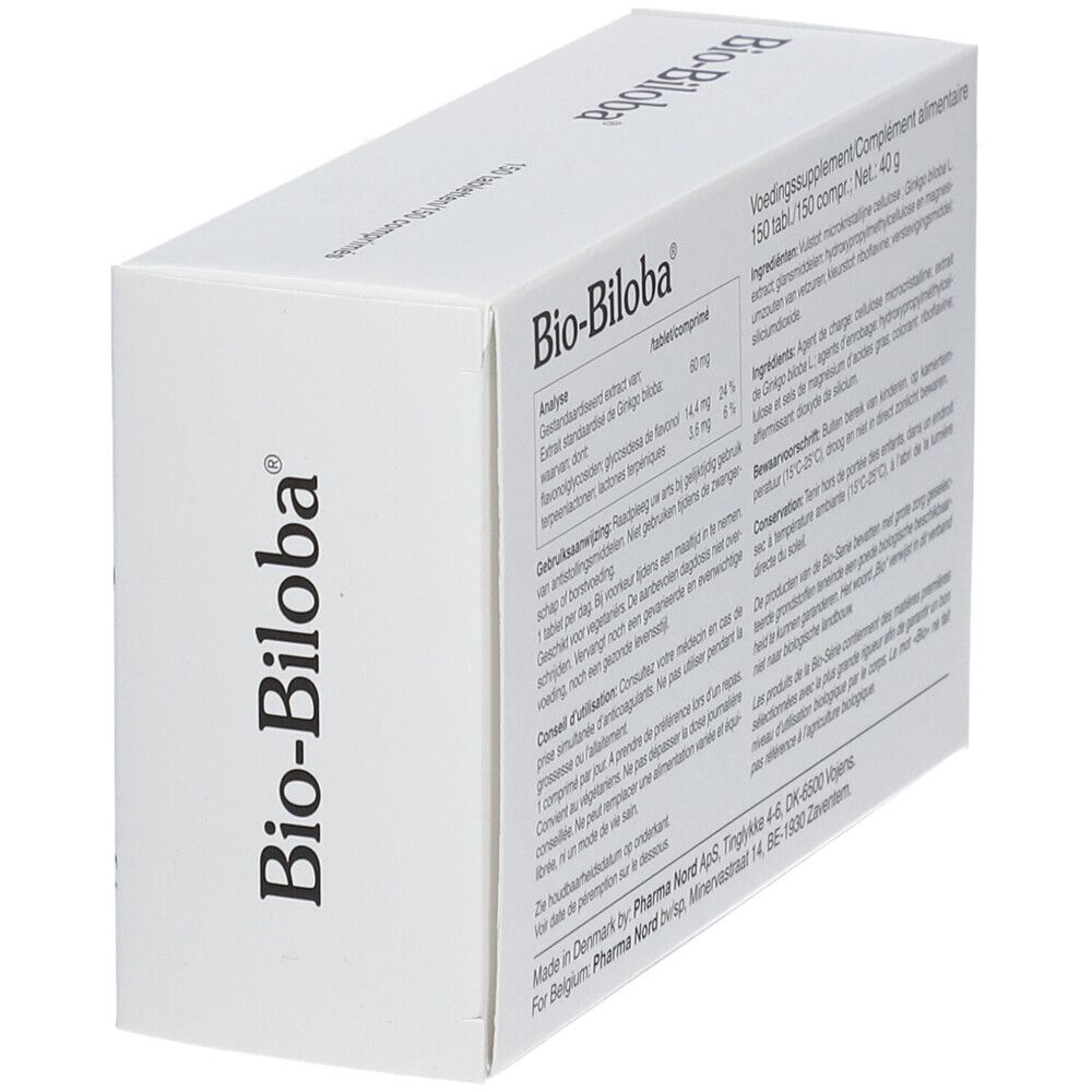 Boîte Bio-Biloba, vue latérale avec texte. Ingrédients, mode d'emploi. Pharma Nord.