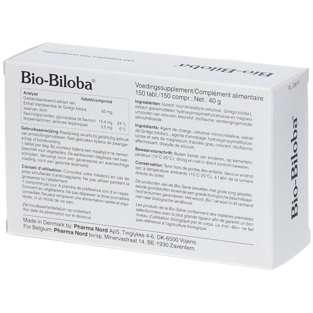 Boîte Bio-Biloba, dos avec texte. Ingrédients, mode d'emploi. Pharma Nord.