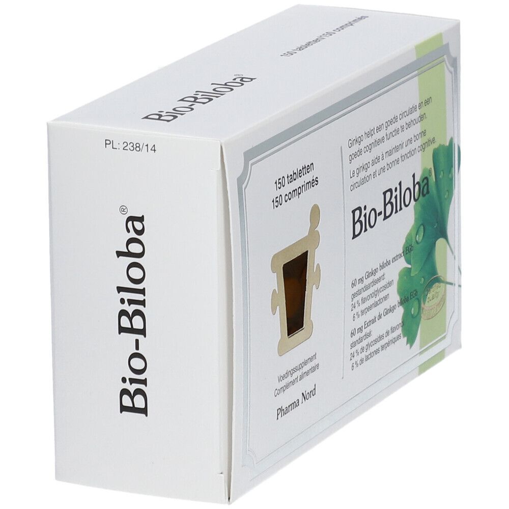 Boîte Bio-Biloba, vue latérale. Texte: Bio-Biloba. Logo Pharma Nord non visible.