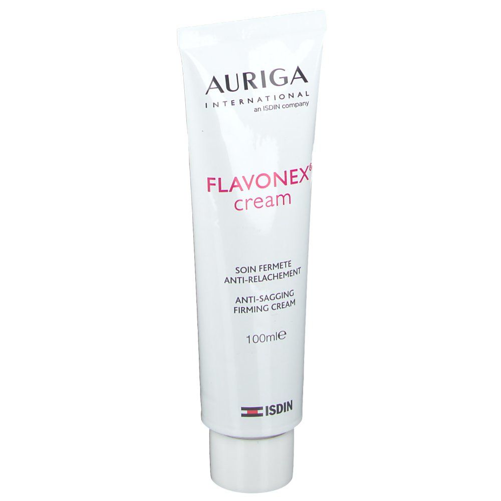 Witte tube met roze tekst Flavonex cream. Fabrikant Auriga International. 100ml.