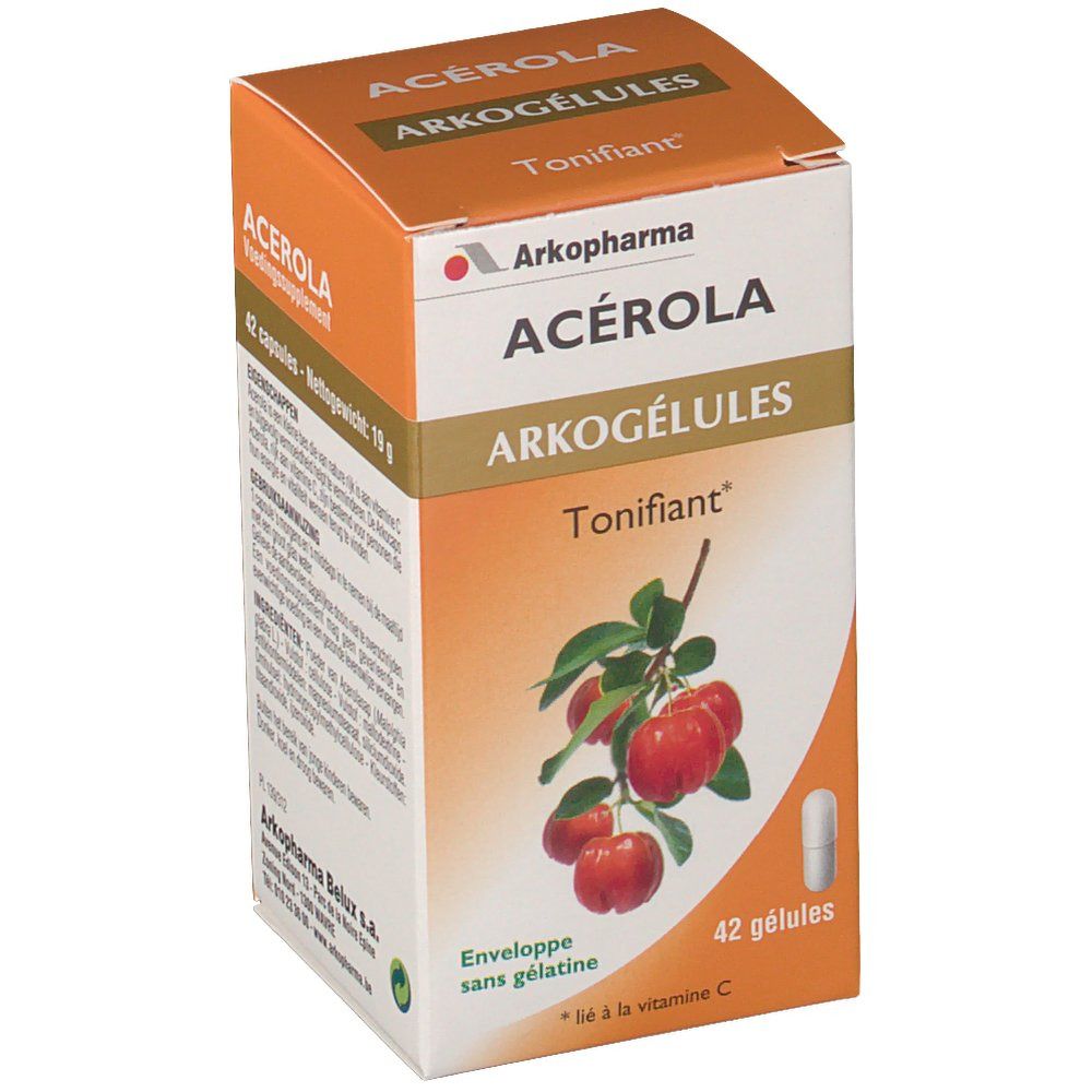 Boîte orange Arkocaps Acerola. Inscription: 42 gélules. Illustration de fruits d'acérola et d'une gélule. Texte: "Tonifiant".