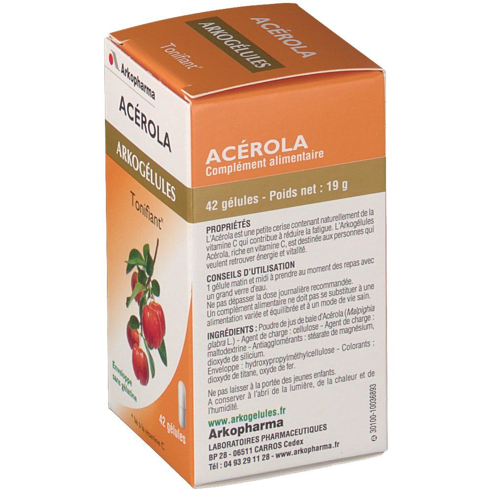 Boîte orange Arkocaps Acerola. Inscription: 42 gélules, 19g. Illustration de fruits d'acérola et d'une gélule. Texte d'information.