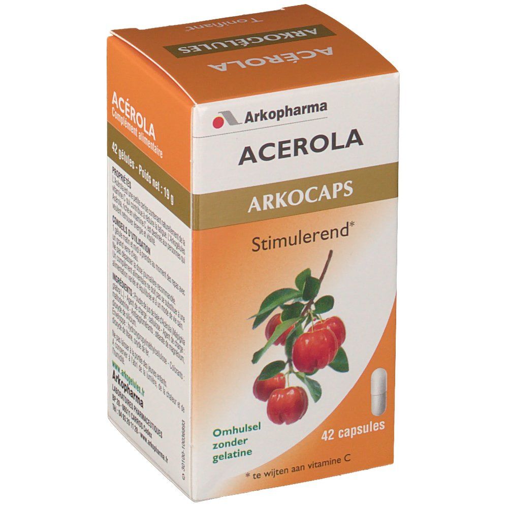 Boîte orange Arkocaps Acerola. Inscription: 42 capsules. Illustration de fruits d'acérola et d'une gélule. Texte: Stimulerend.