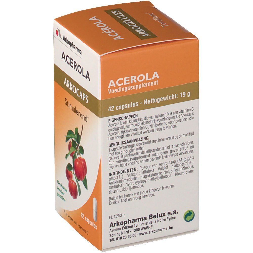 Boîte orange Arkocaps Acerola. Inscription: 42 capsules, 19g. Illustration de fruits d'acérola et d'une gélule. Texte d'information.