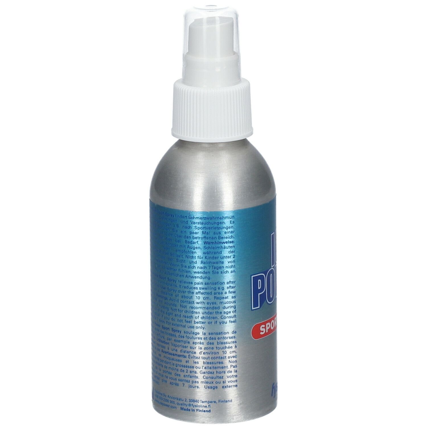 Silberne Sprühflasche mit weißem Sprühkopf. Text auf der Rückseite. Marke: fysiolin.