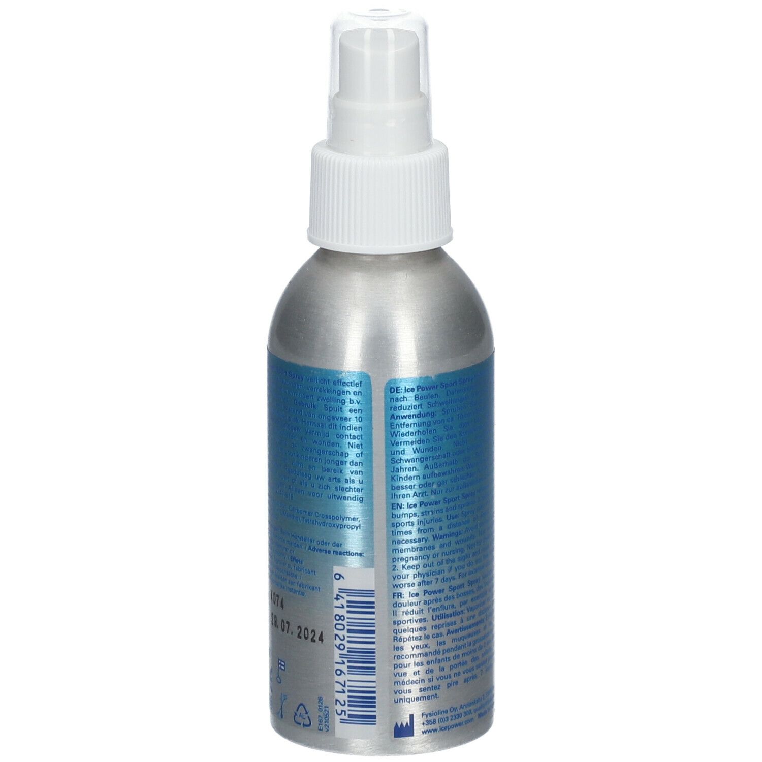 Silberne Sprühflasche mit weißem Sprühkopf. Text und Barcode auf der Rückseite. Marke: fysiolin.