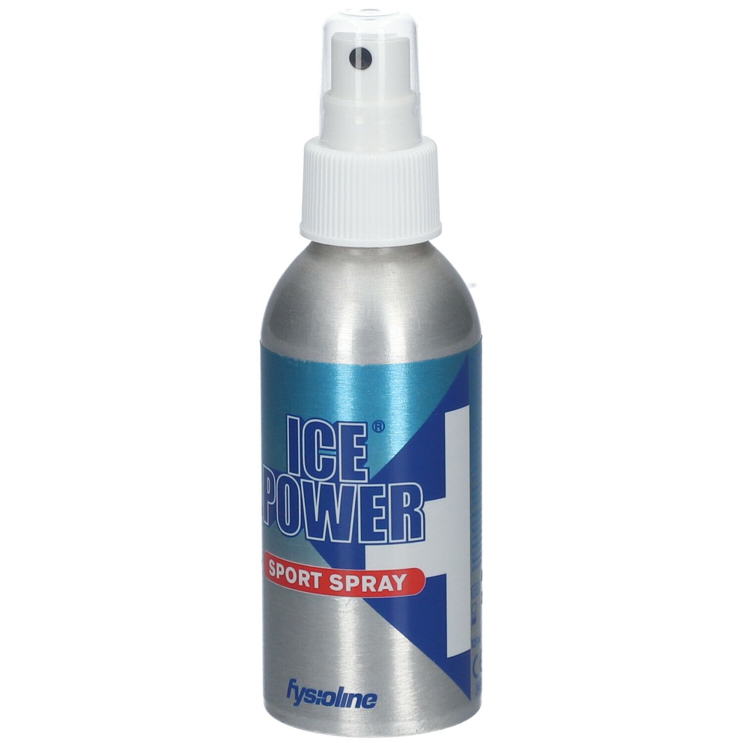 Silberne Sprühflasche mit weißem Sprühkopf. Aufschrift: ICE POWER SPORT SPRAY. Marke: fysiolin.