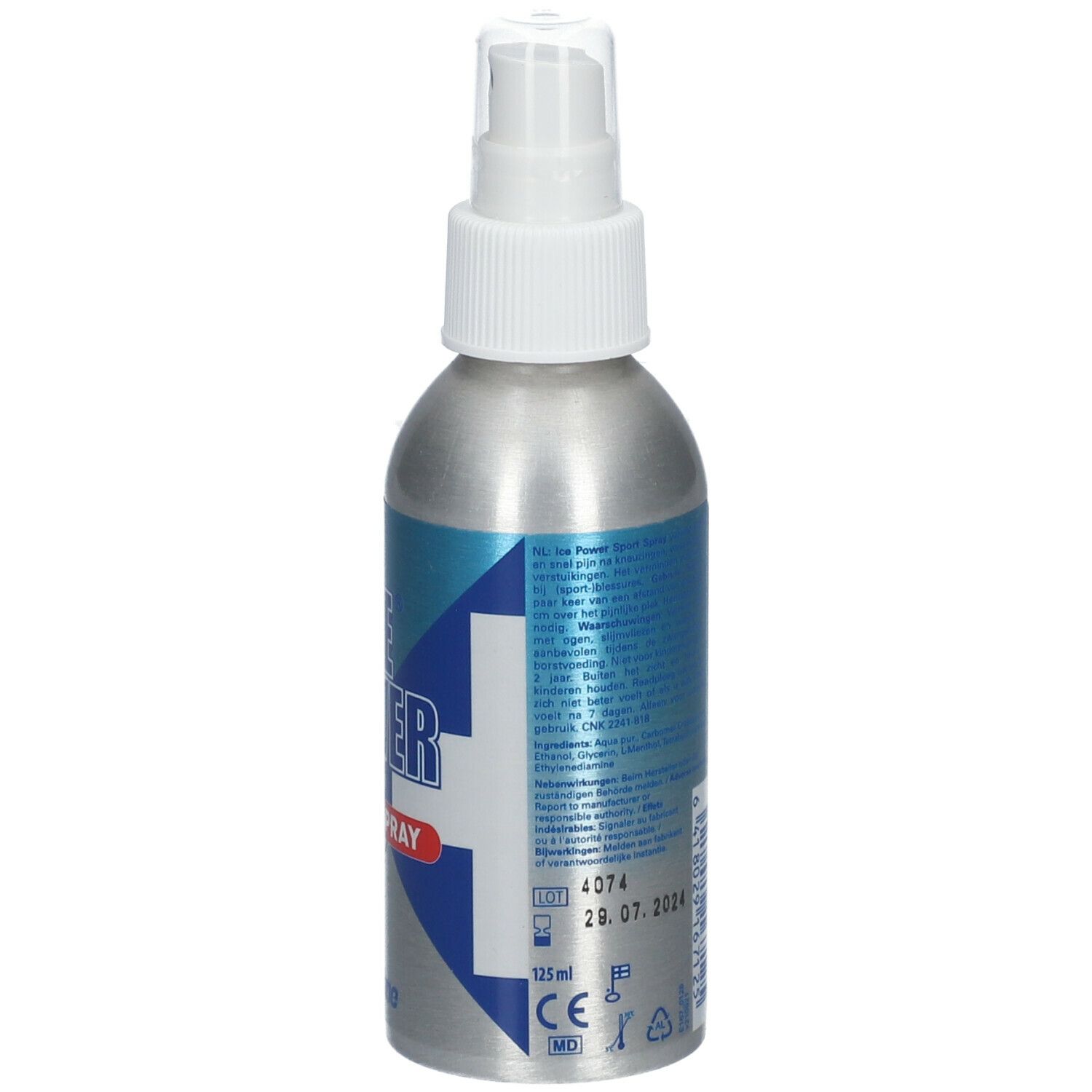 Silberne Sprühflasche mit weißem Sprühkopf. Aufschrift: ICE POWER SPORT SPRAY. Text und Kennzeichnungen. Marke: fysiolin.