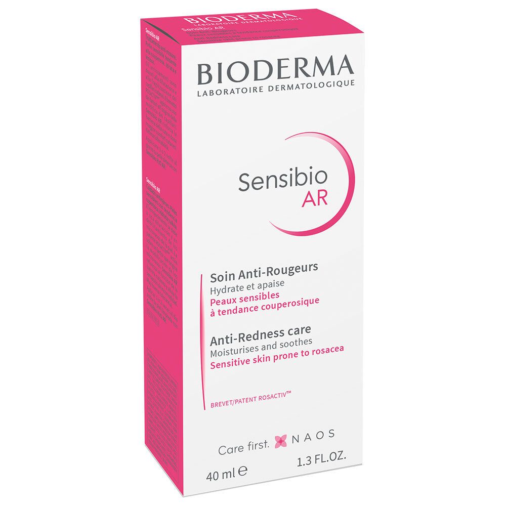 Emballage : Boîte blanche BIODERMA Sensibio A-R. Texte en français et anglais. Contenance 40 ml.