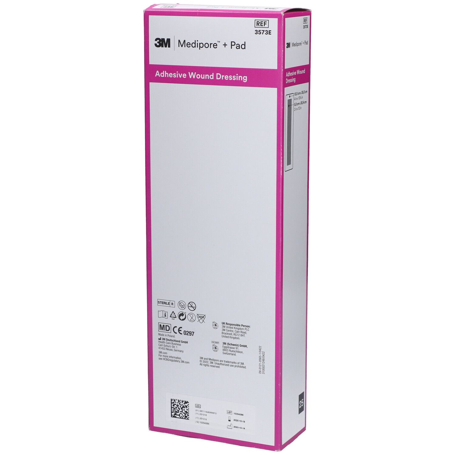 Verpakking van 3M Medipore + Pad. Roze en witte doos met productinformatie en logo.