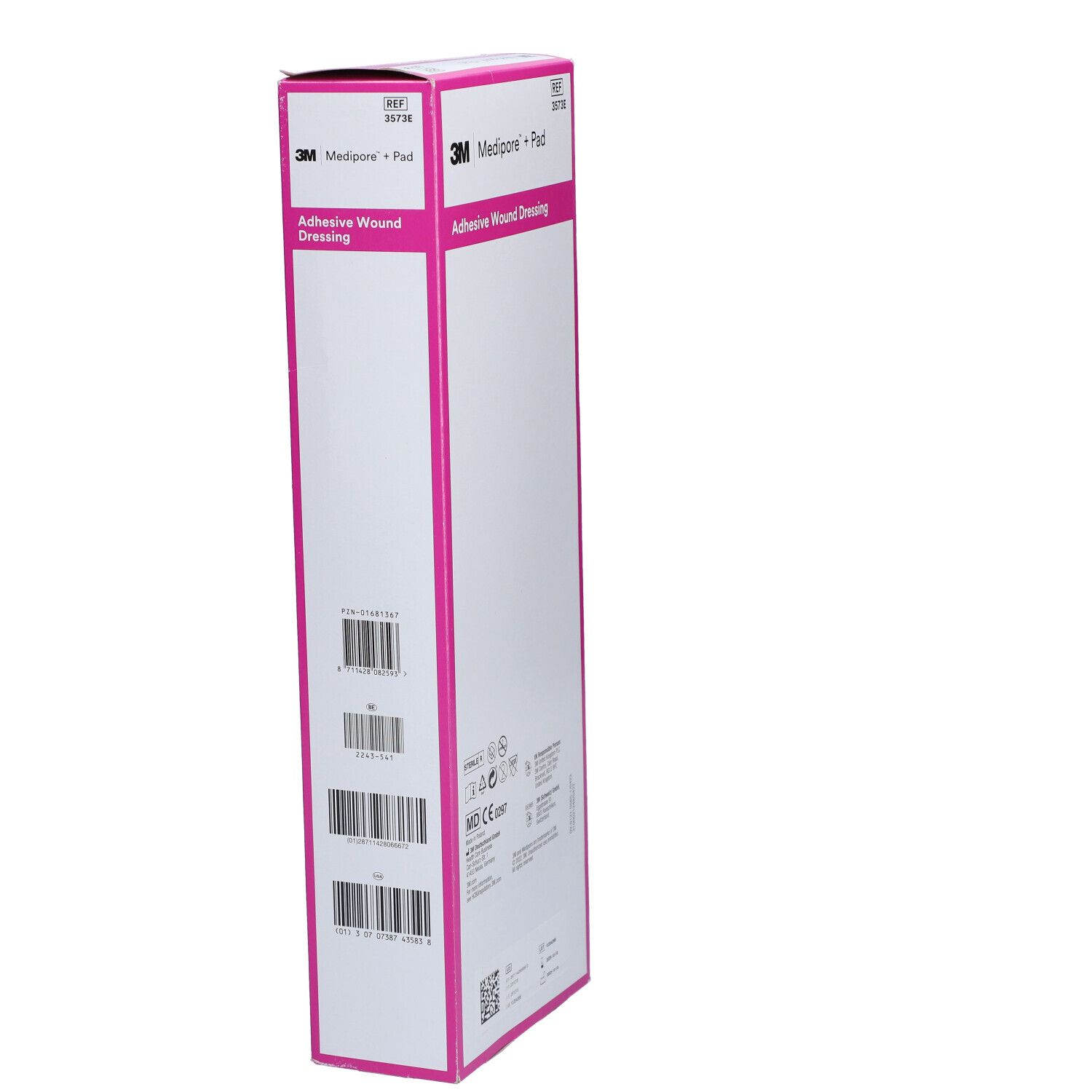 3M Medipore + Pad verpakking, schuin. Roze en witte doos met productinformatie.