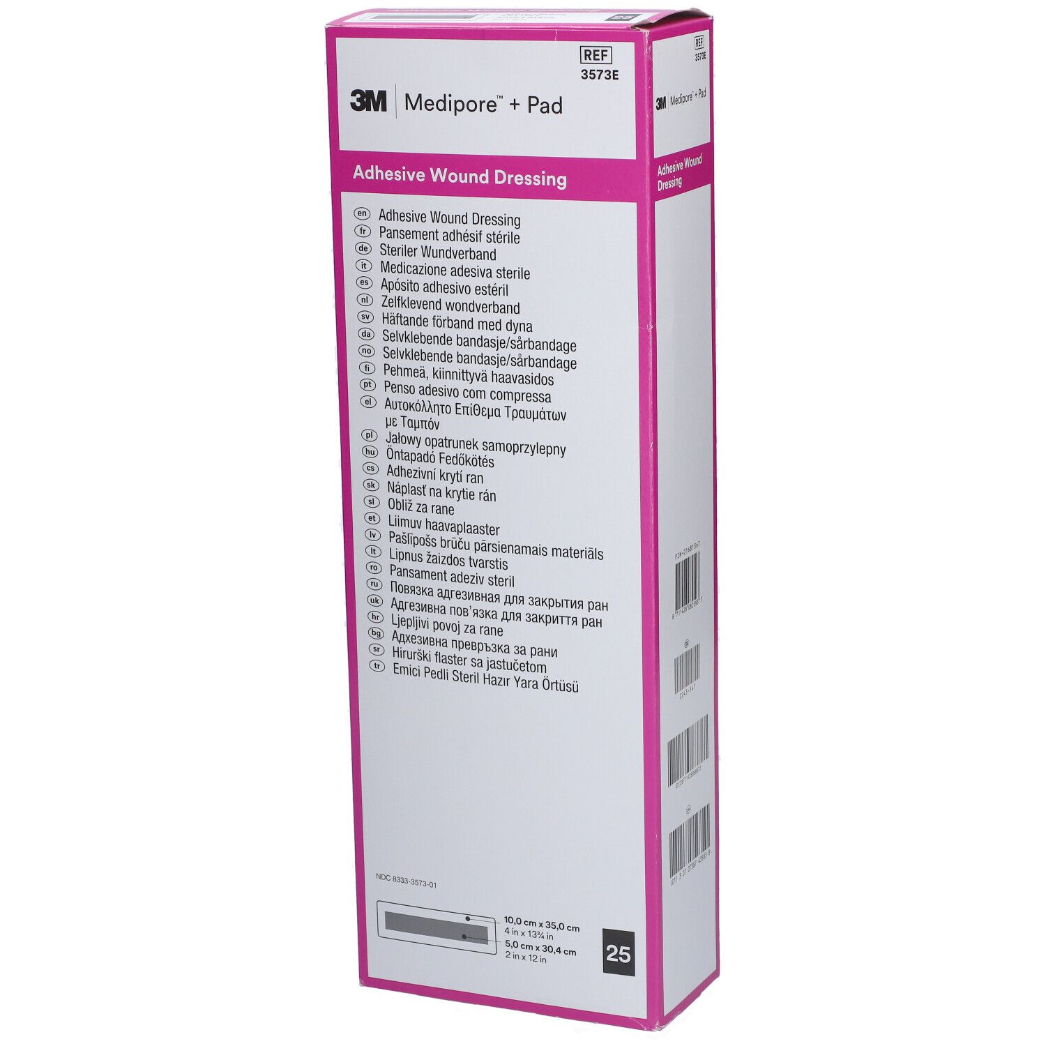 3M Medipore + Pad verpakking. Roze en witte doos met productinformatie en maatindicatie.