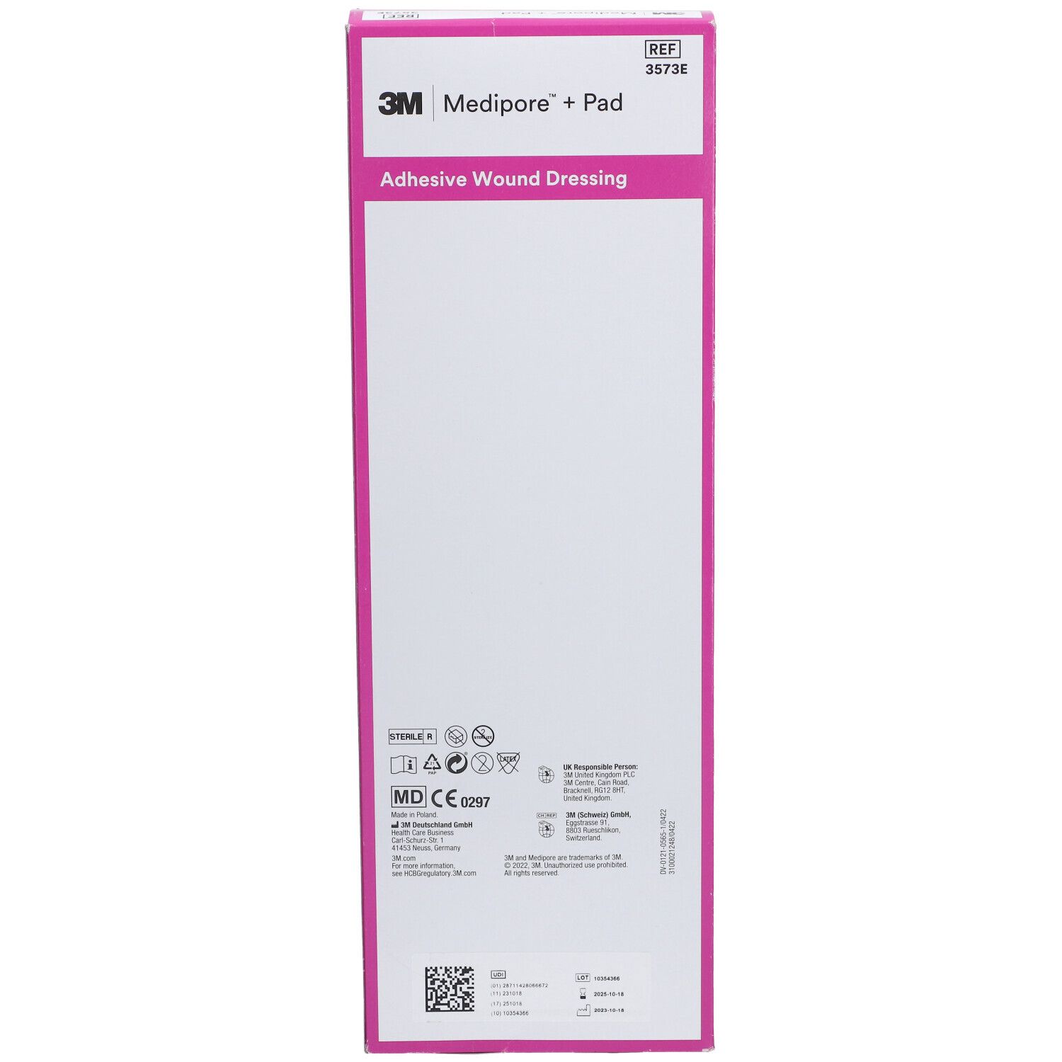3M Medipore + Pad verpakking. Roze en witte doos met productinformatie en logo.