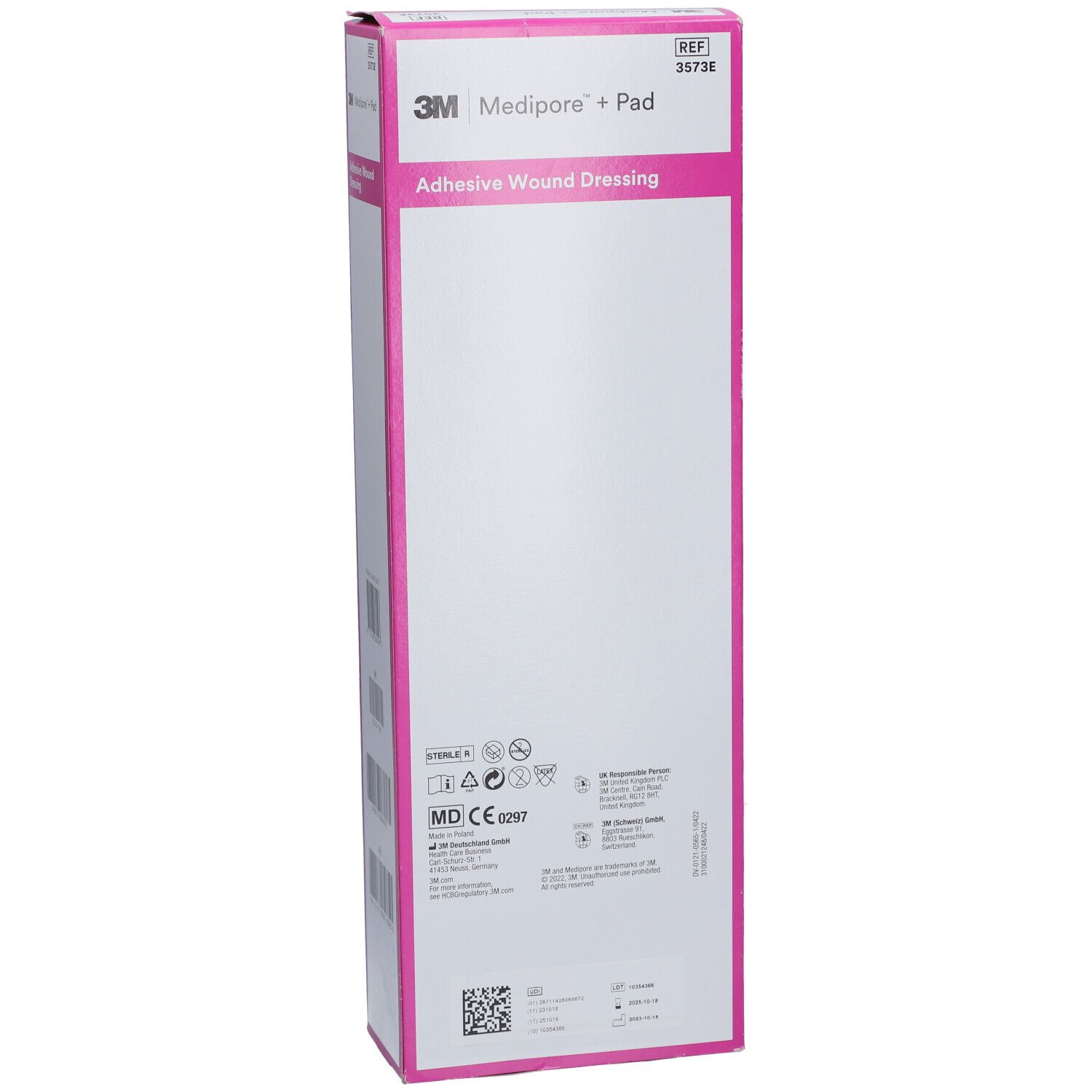 3M Medipore + Pad verpakking, schuin. Roze en witte doos met productinformatie en logo.